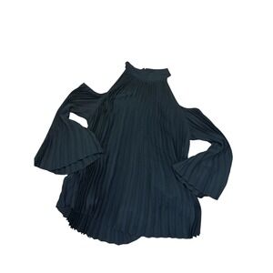 Ashley Stewart Black Pleated Cold Shoulder Bell Sleeve Blouse Top 18/20W